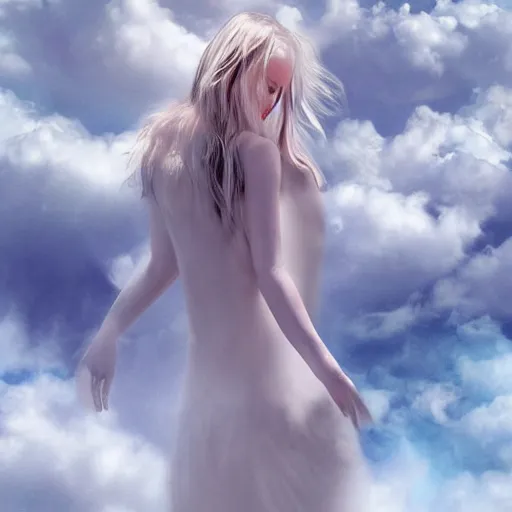 Image similar to goddess wearing a cloud fashion on the clouds up there, photoshop, colossal, creative, albino skin, giant, digital art, photo manipulation, is looking down on us from above, clouds, covered in clouds, girl clouds, on clouds, covered by clouds, airplane in the sky, white hair, digital painting, artstation