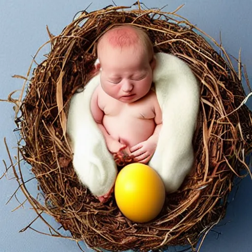 Image similar to concept art of a baby corgi emerging from an egg in a nest, art by anne geddes