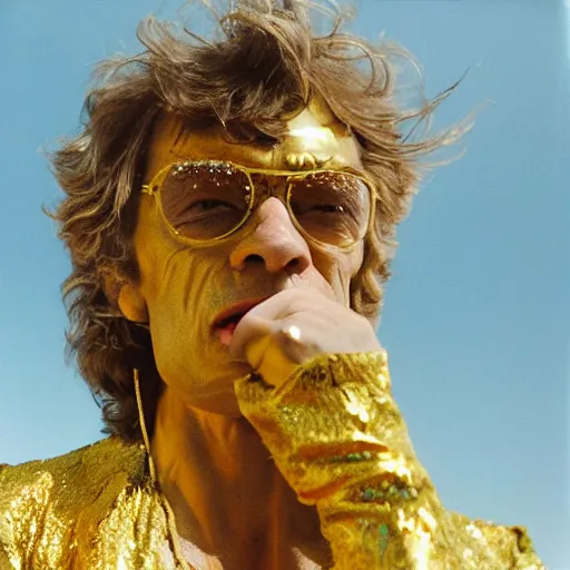 Image similar to mick jagger dressed in golden costume with jewels in a dry rocky desert landscape, visible sky and sunny atmosphere, fata morgana by alejandro jodorowsky, anamorphic lens, kodakchrome, 8 k -