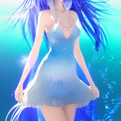 Prompt: a 3D render of a very beautiful anime girl wearing a dress made of water standing in a crystal lake , full body, long white hair with azure blue highlights blending into the dress , azure blue watery eyes, full round face, seductive over the shoulder glances , lens flare, cinematic lighting, golden hour, medium shot, mid-shot, auto-focus , highly realistically detailed, trending on artstation, Unreal Engine 4k, Stanley Artgerm Lau, WLOP, Rossdraws, James Jean, Andrei Riabovitchev, Marc Simonetti, and Sakimichan
