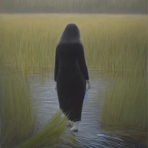 Image similar to tall slender woman with long grey hair in a black dress walking out of a swamp, by graham ingels,