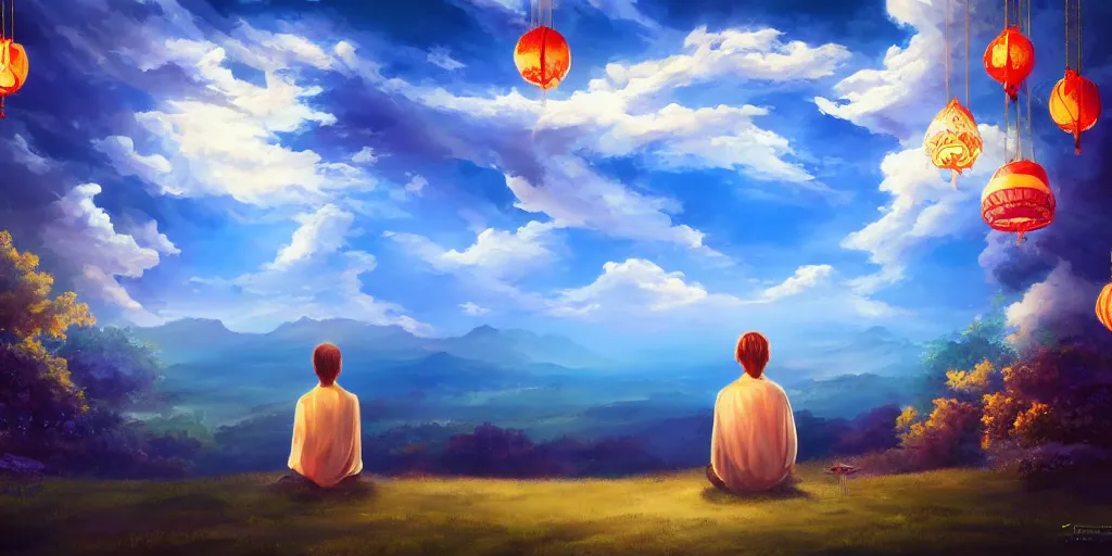 Image similar to painting of wind god enjoying the view from his heavenly palace, decorated with windchimes and paper lanterns, nature and clouds in background, digital art, artstation