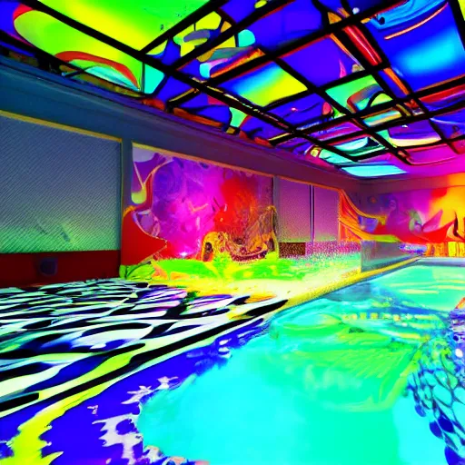 Image similar to backflip into a pool caustics lighting impressive colorful masterpiece graffiti nvidia raytracing demo