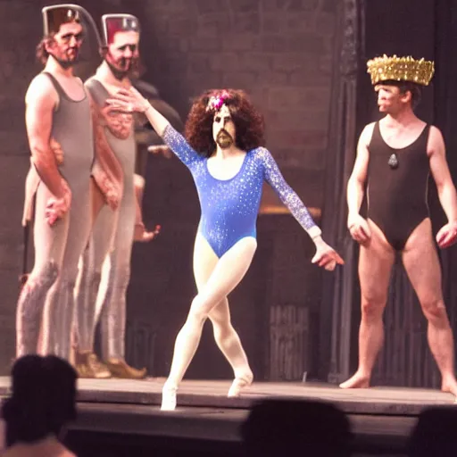 Prompt: Frank Zappa in a leotard and a crown performs the role of Richard III in award-winning modern dress production of Richard III in front of a live audience, action shot