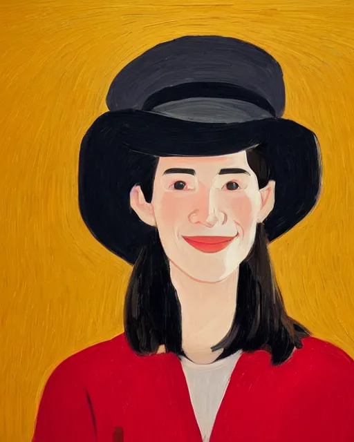 Prompt: portrait of a smiling young woman with hat, long hair and red shirt, smooth, colorful, by alex katz, close up