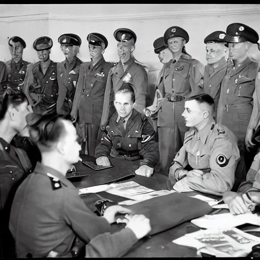 Prompt: Mickey Mouse WW2 photograph in a military meeting, Germans, dictator