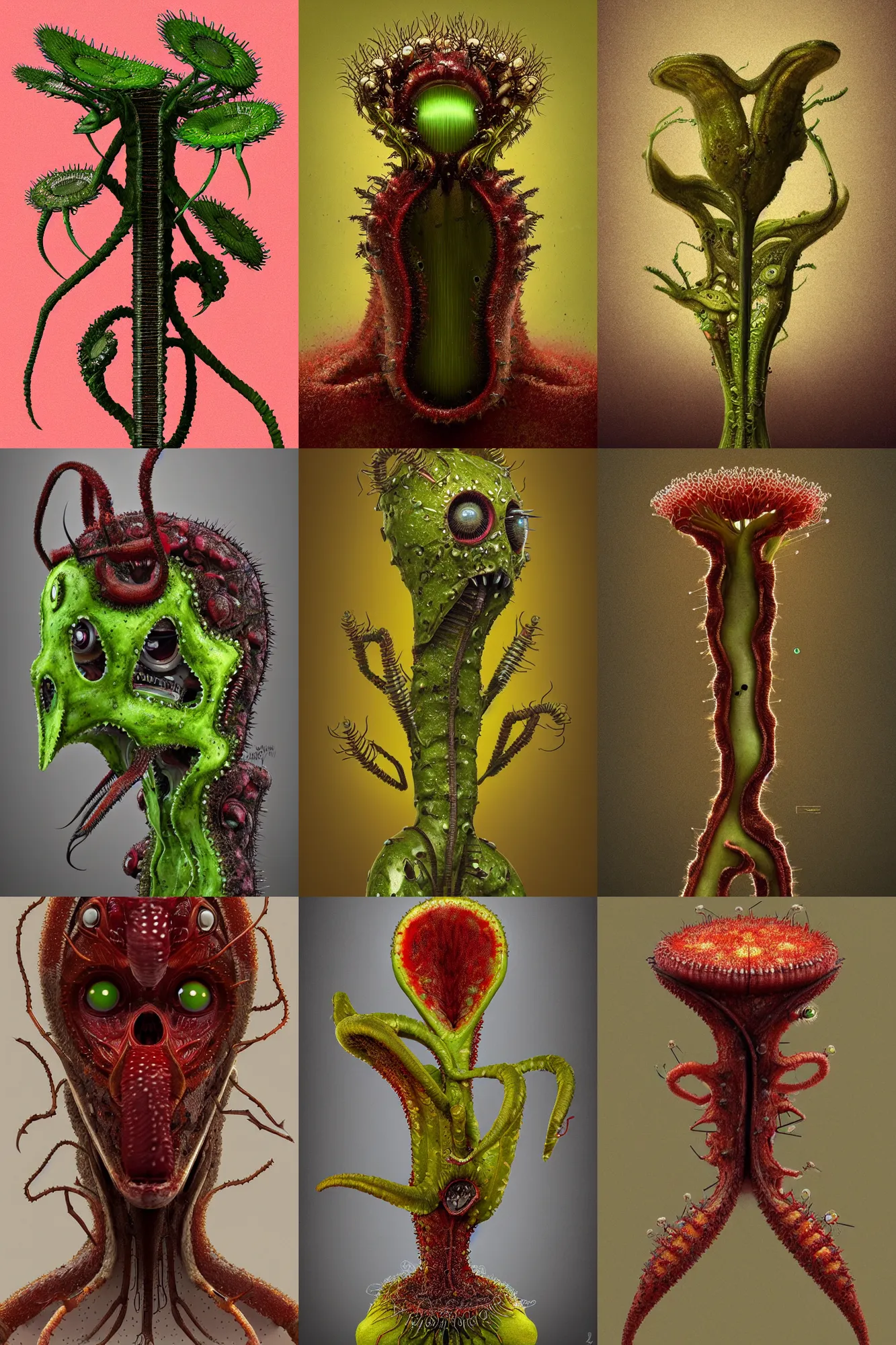 Prompt: portrait of a mutant carnivorous plant robot, minimal, Drosera capensis, dystopian, eyelashes as snap traps of Dionaea muscipula, extremely detailed, digital painting, sculpted in zbrush, artstation, concept art, smooth, sharp focus, illustration, chiaroscuro lighting, golden ratio, rule of thirds, fibonacci, byPicasso, composition by ansel adams