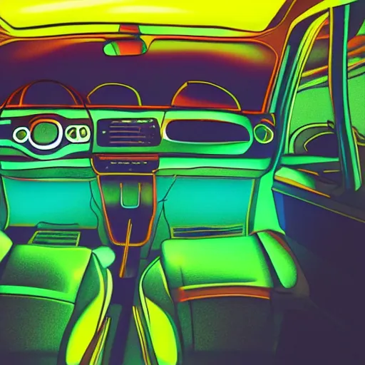 Prompt: 9 0 s fiat panda interior at night, with neon lights in the background, artstation, 3 5 mm, vaporwave