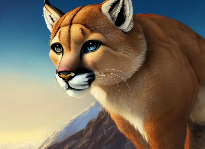 Image similar to character portrait feature of the anthro female anthropomorphic puma bobcat mountain lion fursona wearing airline pilot outfit uniform professional pilot for delta airlines character design stylized by charlie bowater, ross tran, artgerm, and makoto shinkai, detailed, soft lighting, rendered in octane, peru in background