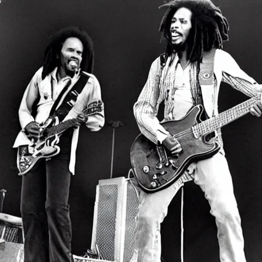 Image similar to bob marley performing at coachella with freddie murphy from queen, photo, concert