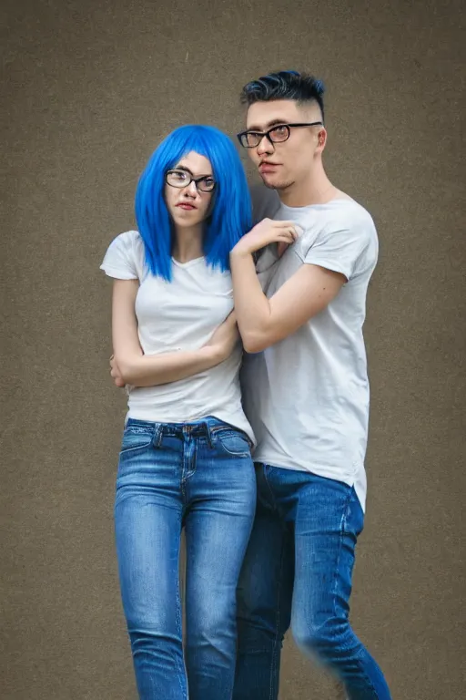 Prompt: attractive beautiful striking blue hair 2 7 year old woman, soft, cute, nerdy, fun, playful, wearing jeans and a t - shirt, with her boyfriend, 1 5 0 mm f 2. 8, full body portrait, color, hasselblad, professional photo, high quality, symmetrical face, clear skin, 4 k, dramatic lighting