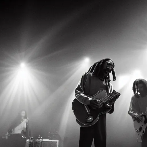 Image similar to a dramatic photograph of snoop dog jamming with bob marley in an infinite universe of mystical light, ground haze, dramatic lighting, filmic, cinematographic, sci - fi