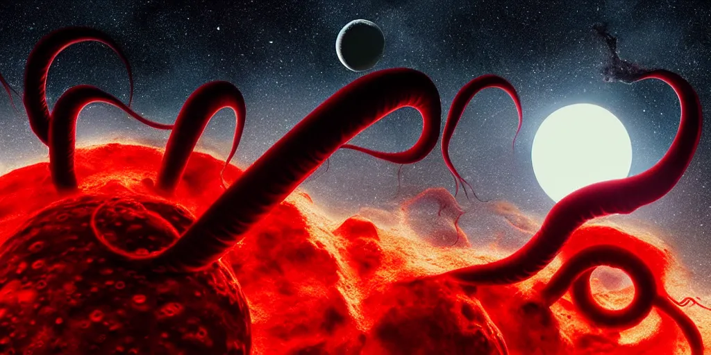 Prompt: giant <Cthulhu> tentacles silhouetted lunar surface crushing attacking red spaceship, bomber, photorealistic, wide-angle, long shot, epic, space, lunar photo backdrop on film