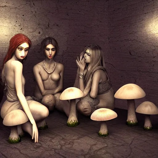 Image similar to mushroom goddess with group of elders, discussing the new season of friends, cynical realism, hiroya oku painterly, yoshitaka amano, chris cunningham, black and white, beautiful lighting, 3 d render, 8 k