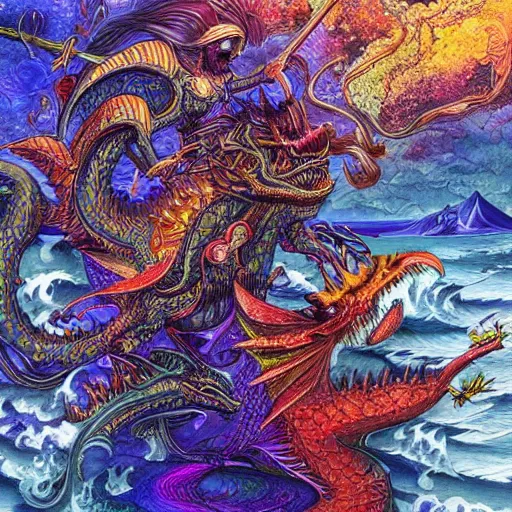 Prompt: psychedelic visionary art of a Swordsman with a bucket on his head fighting a dragon in the ocean by Android Jones