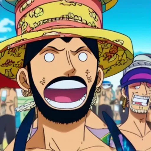 Prompt: A still of a bearded blonde man wearing a tie dye shirt and a bucket hat standing in front of The Thousand Sunny in One Piece Anime Series