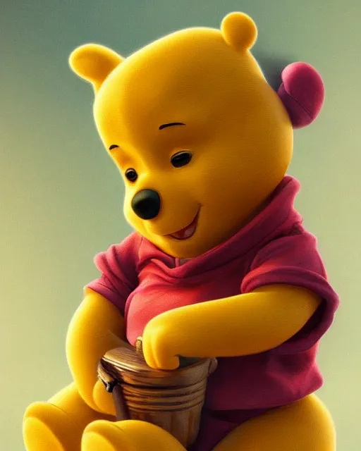 Prompt: beautiful winnie the pooh as honey, made of honey, wearing honey - themed miniskirt, award winning creature portrait photography, extremely detailed, artstation, 8 k, sensual lighting, incredible art, wlop, artgerm, backlit, rim lighting