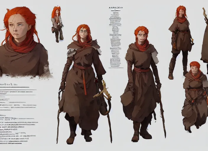 Prompt: character sheet for a ginger woman, for arcane netflix by greg rutkowski, by studio ghibli, digital art, trending on artstation, hd, 8 k, highly detailed, good lighting, beautiful, masterpiece matte painting, bold shapes, hard edges, street art, trending on artstation, by huang guangjian and gil elvgren and sachin teng