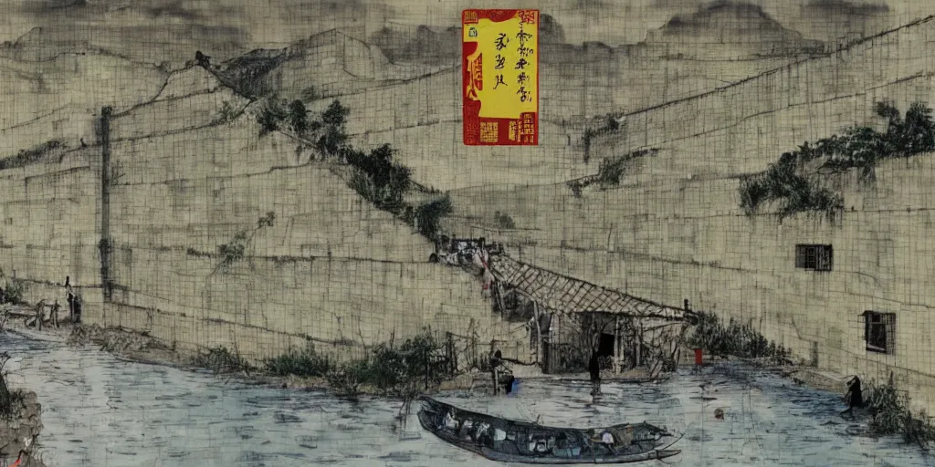 Image similar to a chinese prison near a river by peter doig, overlaid with chinese adverts