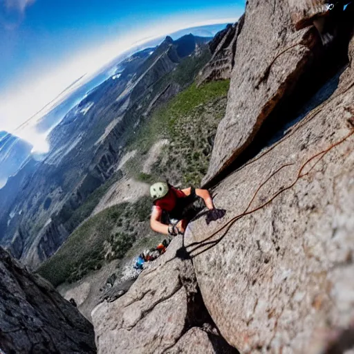 Prompt: free solo climber ascending a mountain. 4k action gopro fisheye lens