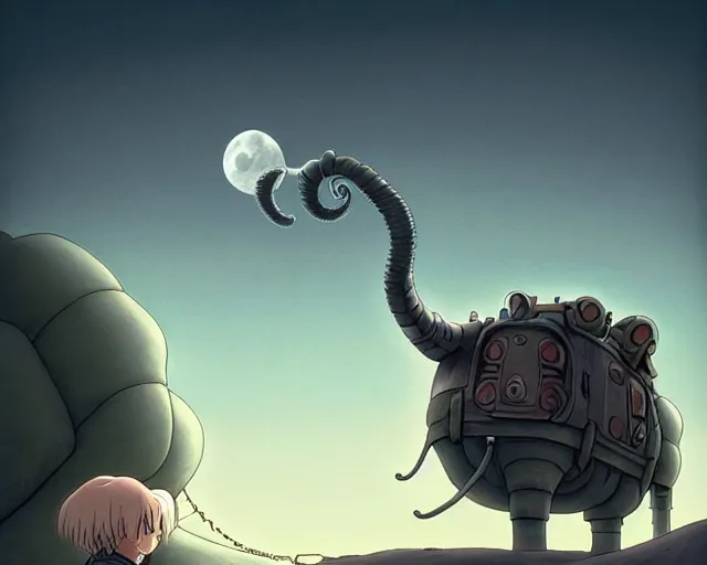 Image similar to a cell shaded cartoon giant grey lovecraftian mechanized elephant from howl's moving castle ( 2 0 0 4 ), with a big head, on a desert road, wide shot, in front of a big moon, muted colors, post grunge, josan gonzales, wlop, by james jean, victor ngai, hq, deviantart, art by artgem