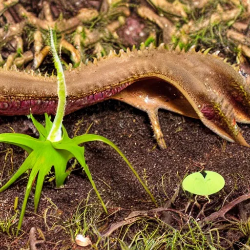 Prompt: a carnivorous plant with alligator jaw and teeth, photo of a plant growing showing its roots underground, plant photography