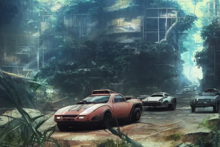 Image similar to 2 0 0 1 space odyssy diesepunk toyota mr 2 mad max speeding through a fuel depot in the jungle by greg rutkowski makoto shinkai takashi takeuchi studio ghibli, akihiko yoshida