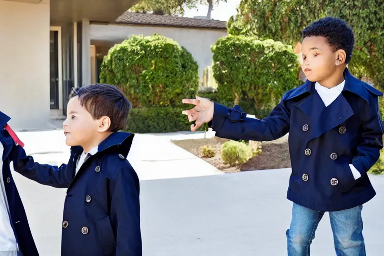 Prompt: two children in a trenchcoat buying a los angeles mansion from a real estate agent