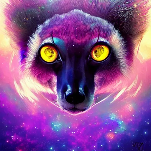 Image similar to Geometric symmetrical lemur with galaxy eyes in space, nebula in the background, intricate, elegant, highly detailed, digital painting, artstation, concept art, smooth, sharp focus, illustration, art by artgerm