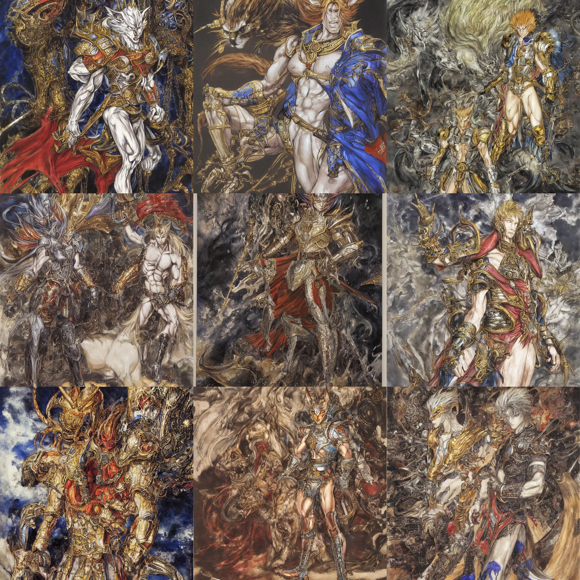 Image similar to 8k Yoshitaka Amano painting of upper body of a young cool looking slim caracal beast-man with white mane at a royal palace. He is wearing complex fantasy armors. Renaissance style.