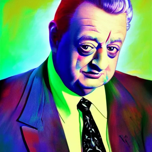 Image similar to a portrait of rodney dangerfield, hyper realistic, octane render, masterpiece portrait painting. deep colors, abstract brush strokes, inner glow.