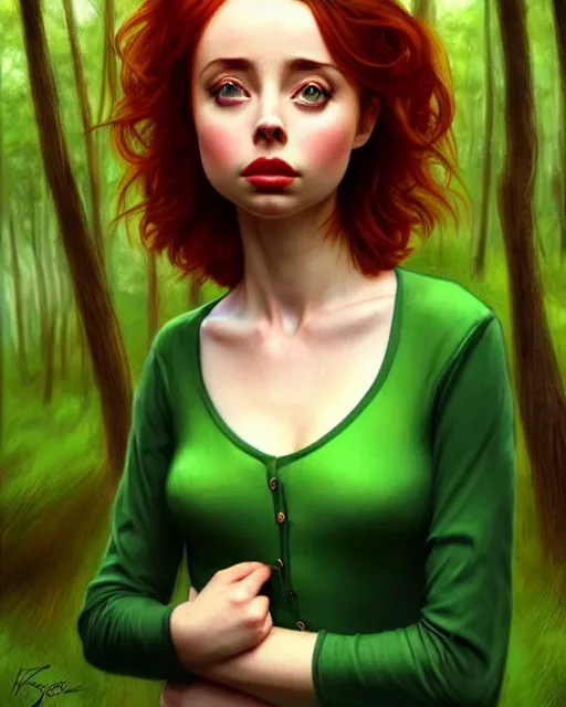 Prompt: gorgeous Kacey Rohl, realistic character concept, red hair, symmetrical face, symmetrical eyes, green dress, forest, trees, shorter neck, cinematic lighting, artgerm, Norman Rockwell, Adreas Rocha, beautiful