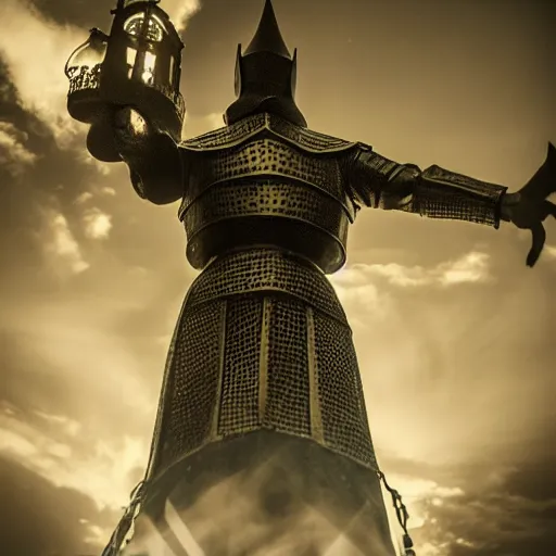 Prompt: knight in glowing armour stood on top of a castle