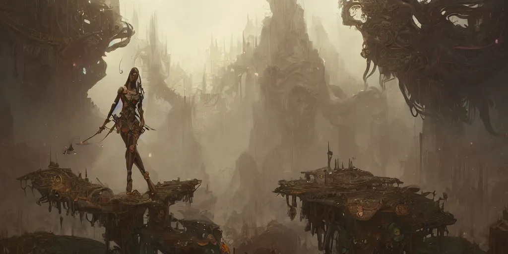 Image similar to a detailed illustration of a warrior woman against the background of an overgrown city and a cloudy sky, artstation, by Peter Mohrbacher, Art Nouveau, sophisticated, Unreal engine, dystopia, anti-utopia, post processing, nostalgic melancholic artwork, intricate