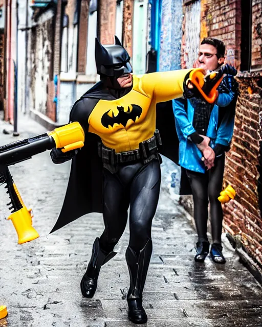 Image similar to happy batman firing super soaker water gun in an alleyway, everyone having fun, product advertisement, photography