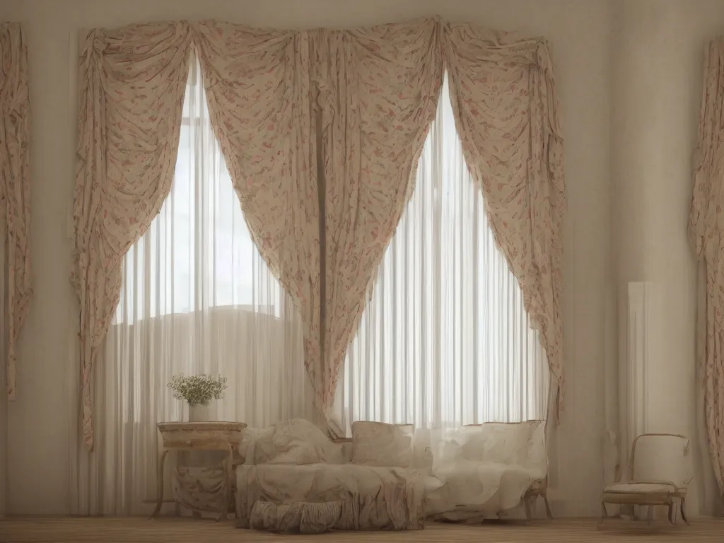 Image similar to 3D render of vintage interior house with very large curtains , High detail, Octane Render, faded colors, pastel colors , lens 35mm, f 8,