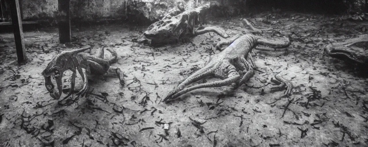 Image similar to an ultra wide colour 3 5 mm film photo of a terrifying reptile humanoid creature, lurking, waiting, hiding, in an abandoned shady public swimming pool, liminal spaces, ritual occult gathering, film grain