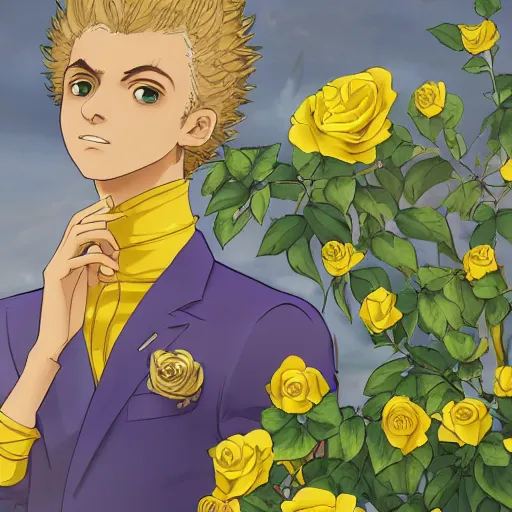 Image similar to a side view portrait of 1 5 years old young and beautiful giorno giovanna, green and yellow roses fill the background, fantasy, detailed, cinematic, tarot card, highly detailed, golden ratio, 8 k