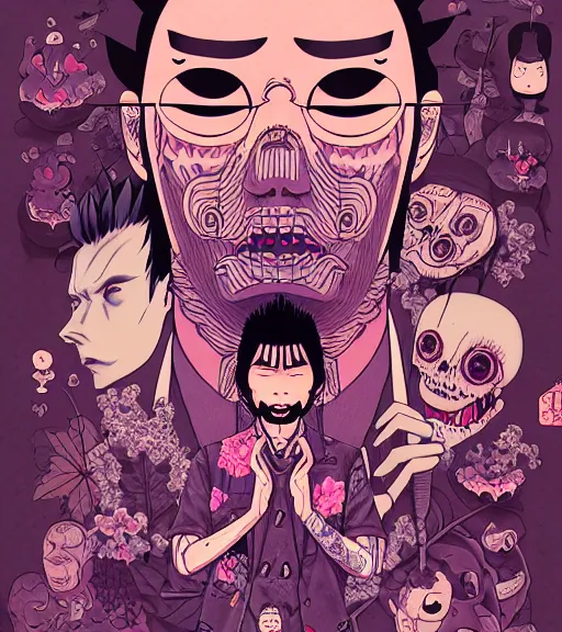 Image similar to portrait, nightmare anomalies, leaves with yakuza by miyazaki, violet and pink and white palette, illustration, kenneth blom, mental alchemy, james jean, pablo amaringo, naudline pierre, contemporary art, hyper detailed