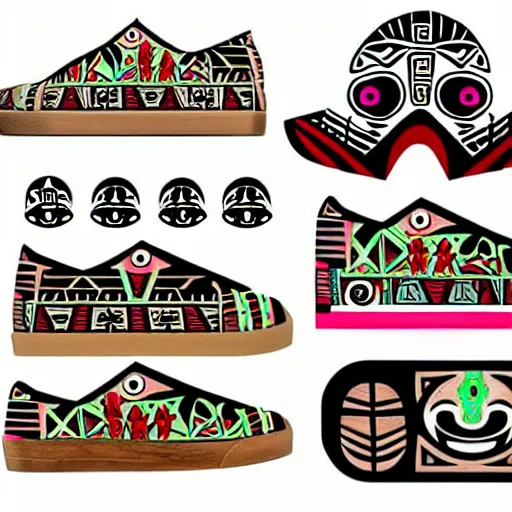 Image similar to sneaker design designed by studio ghibli, aztec mayan street fashion native punk sneaker design, majora's mask, wearing wooden mask, hip hop sneaker design with subtle mayan patterns, gapmoe yandere grimdark, trending on pixiv fanbox, painted by greg rutkowski makoto shinkai takashi takeuchi studio ghibli, akihiko yoshida