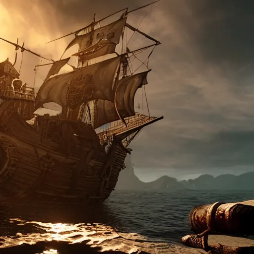 Image similar to ghost pirate ship with a pirate on the foreground, highly detailed, photorealistic portrait, bright studio setting, studio lighting, crisp quality and light reflections, unreal engine 5 quality render