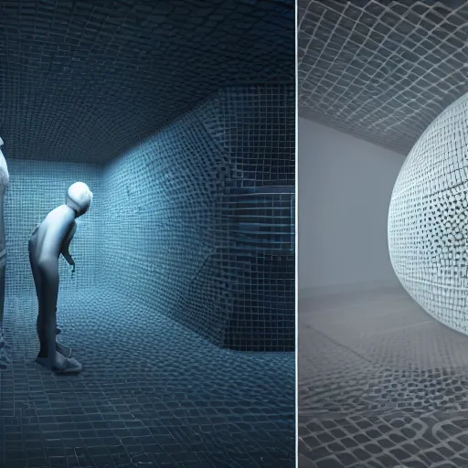 Image similar to Two very highly detailed man in different cryochamber's visualised By Stephen Hickman and Beeple, communicating with each other in unconsciousness dimension visualised by Victor Vasarely. Digital Concept Art rendered in Octane Render, cinematic shot