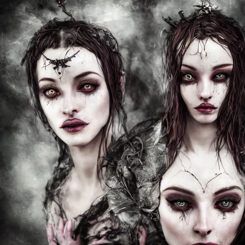 Prompt: single faced portrait of enchanting femenine witch, hyper attractive, seductive, very complex, hyper - maximalist, overdetailed, legendary cinematic, darkfantasy, archetype with timeless beauty breathtaking eyes, highly intricate, realism, perspicious detail, silent hill aesthetic, photorealistic, lifelike, dslr 8 k, unbeatable coherency, octane render