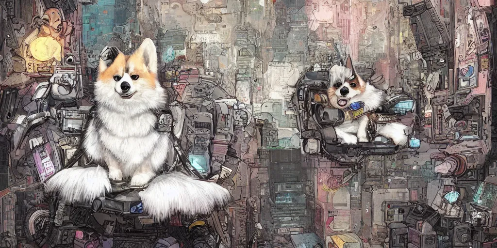 Prompt: dream a highly detailed painting of a cute fluffy cyberpunk corgi chilling on his throne, Zeen Chin and Farel Dalrymple , featured on Artstation