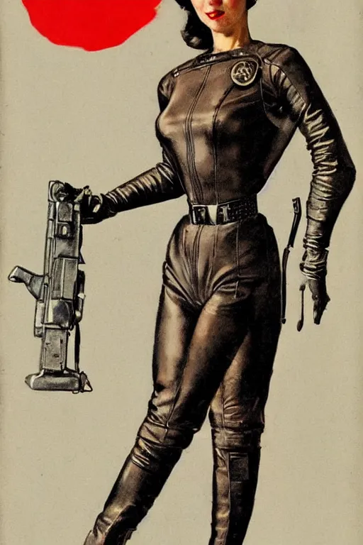 Image similar to 5 0 s pulp scifi fantasy illustration full body portrait slim mature woman in leather spacesuit, aiming shooting dynamic pose, by norman rockwell, roberto ferri, daniel gerhartz, edd cartier, jack kirby, howard v brown, ruan jia, tom lovell, frank r paul, jacob collins, dean cornwell, astounding stories, amazing, fantasy, other worlds