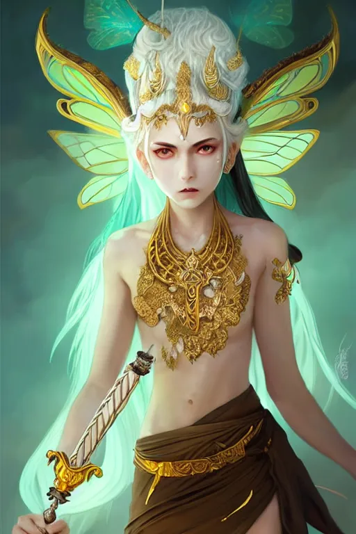 Image similar to beautiful fairy, brown skin, white hair, devil's horn on her head, green eyes and the third eye on her forehead, dressed in dunhuang clothes, with black and gold wings behind her, and a brown scepter in her hand. character design, animation image design, painting by wlop