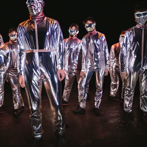 Prompt: unsplash contest winning photo, a giant crowd of men in full - body shiny reflective iridescent silver latex suits including masks and pants and shirts, inside a colorful dramatic unique rocky western landscape, low fog, neon light tube