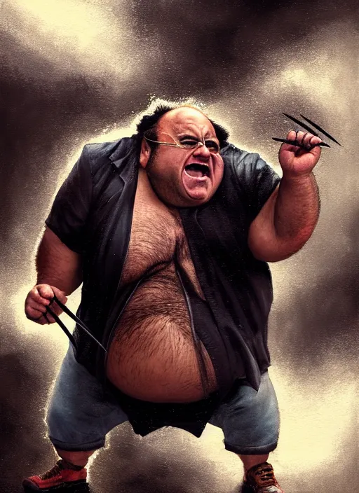 Image similar to Portrait of Fat Danny Devito with his belly sticking out as The Wolverine (2013), Hes screaming at the rain in the middle of the night road on his knees. He has Wolverine Claws on both hands, He has pants, realistic, detailed, 4k by Greg Rutkowski Mark Arian trending on artstation