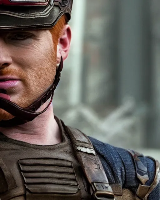 Prompt: film still close - up shot of ginger chris evans as captain america from the movie captain america : the first avenger. photographic, photography