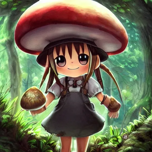 Prompt: cute little girl with a mushroom hat in dark forest, cute artwork, clean detailed, inspired in made in abyss